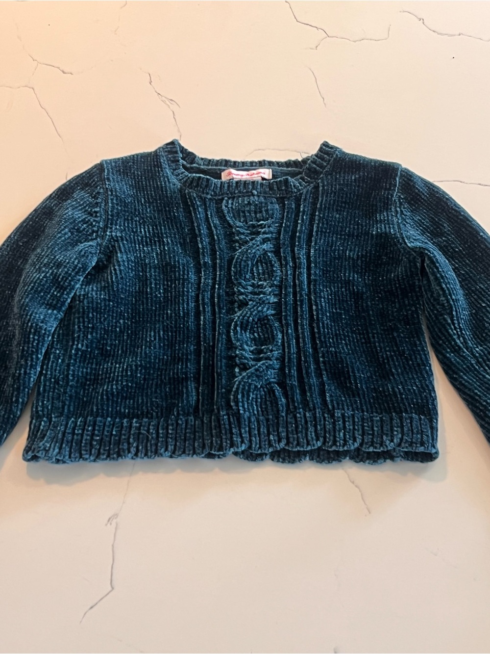 Tommy Bahama Teal Velvet Cable-Front Kids Sweater 7/8T